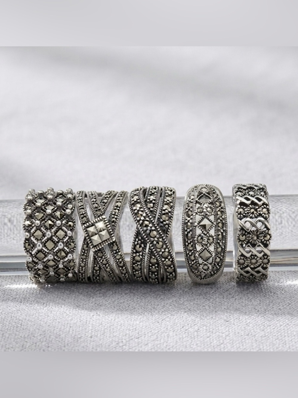 925 Sterling Silver Vintage-Inspired Marcasite Patterned Ring - 5 unique rings
